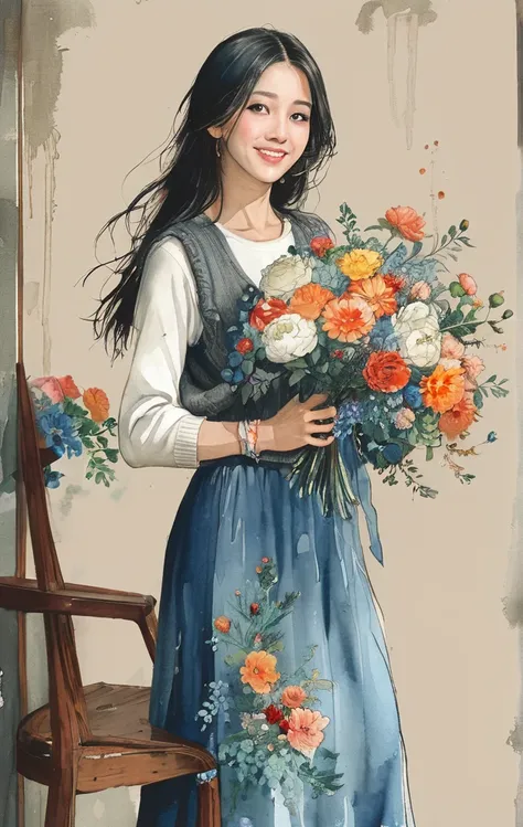 8K,masterpiece,Top quality, (From below:1.6) ,Dynamic poses,30 years old 1 female, Holding a large bouquet,portrait, Floral, Watercolor Sketch, Light, Long hair, Smile, Watercolor (Moderate),Watercolor,solid color vest,Plain Light blue sweater,Long skirt