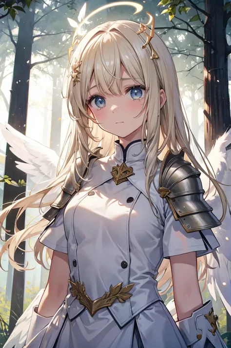 angel, Angel Halo, solo, forest, armor, sad, tears