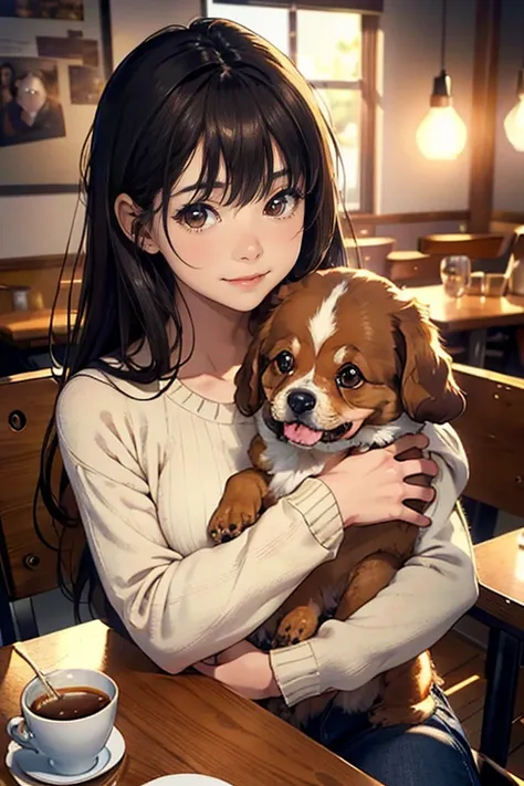 a cute girl with long straight dark brown hair, round face, brown eyes, wearing a brown sweater, sitting in a cafe drinking coffee, sunset, bangs-less, smiling widely showing teeth, holding a poodle puppy in her arms, photorealistic, detailed facial featur...