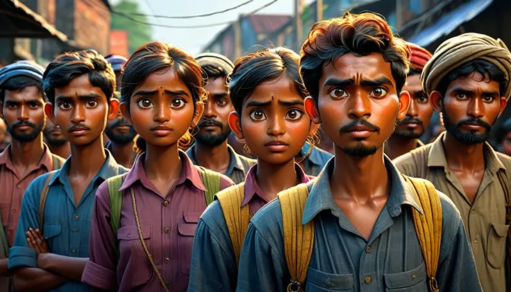 Pixar character design, a montage of diverse people from Bangladesh (students, garment workers, rickshaw pullers, farmers, fishermen) standing together with determined expressions. The mood is revolutionary and empowering. (best quality,4k,8k,highres,maste...