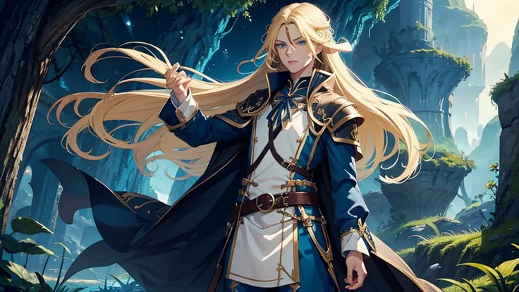 1man, long hair, blonde hair, androgynous man, blue eyes, fantasy adventurer outfit, crazy looking, best hands quality