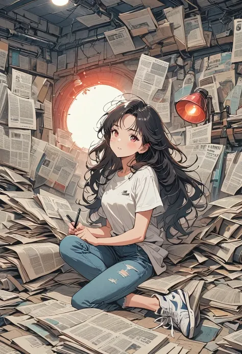 (graphite paint), (beautiful and attractive girl sitting cross-legged on a pile of old newspapers in the basement), (she is wear...