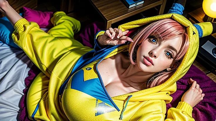 PUNIPUNI KAWAII, a beautiful Pink hair gamer girl, beautiful detailed Blue eyes with (Sparkling Highlights:1.28), beautiful detailed lips,extremely detailed eyes and face,longeyelashes,in a ((Pikachu(Yellow hoodie))) (Moe Sleeves:1.2), (Professional photo:...