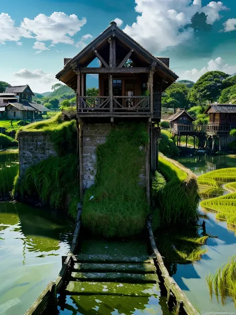 a serene beach with a lush rice field, a charming little house nestled in the corner, (hyperrealistic:1.2),(verydetailed:1.2),(4d:1.2),(masterpiece:1.2),dramatic lighting,stunning colors,cinematic composition,photorealistic,intricate details,highly realist...