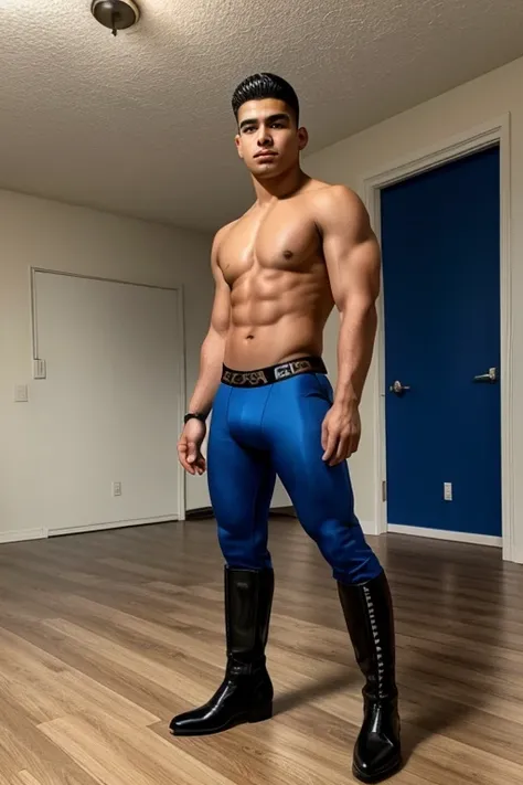 A handsome young Latino man, 20 years old, shirtless, military haircut, black hair, brown eyes, intense look, affiliated features, no facial hair, height 1.80, weight 65 kilos, aesthetic build, dressed in blue lycra pants, black riding boots, full body, po...