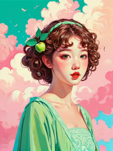 Graphic illustration，Vector illustration，((painting，painting笔触)), ((一幅painting，Draw a portrait of a young girl，Slender neck，Look up，Red face，Green apple on head，Look at the camera))，Pink clouds on turquoise sky, Girly Brown Curly Hair，of skirts，Warm color ...