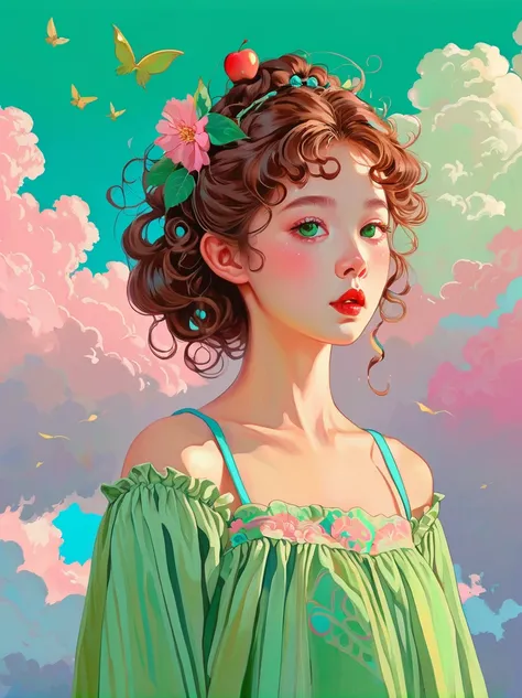 Graphic illustration，Vector illustration，((painting，painting笔触)), ((一幅painting，Draw a portrait of a young girl，Slender neck，Look up，Red face，Green apple on head，Look at the camera))，Pink clouds on turquoise sky, Girly Brown Curly Hair，of skirts，Warm color ...