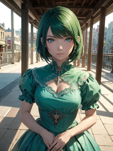 (Cowboy Shot), software,  (masterpiece), (Highest quality:1.0), (Ultra-high resolution:1.0), Detailed eyes, break , Miss Martian YJ, Green skin, short hair, One girl, sweet_Lolita, break, (street, indoor,  Nice views)