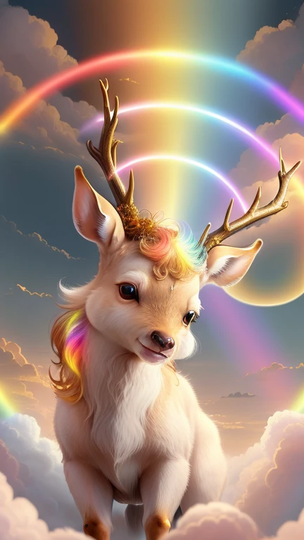 god々Cute Bambi１animal、godの鹿、Rainbow、Rainbow aura,Looking into the camera、Look at this、Background gold、Floating in the clouds