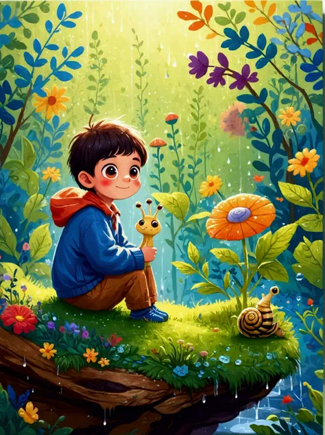 Acrylic，Hand Painted，Children&#39;s Picture Book，marker，8k，(((A small but tenderly smiling little boy riding a snail)))，(Sitting happily in the rain)，(Sitting on a moss covered leaf)，Under the leaves is a big flower，There is a hole in the flower，Rainwater ...