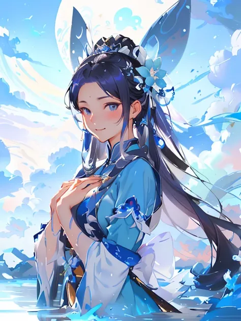 Anime girl standing in water in blue dress, Gu Weiss, artwork in the style of Gu Weiss, palace ， Girl wearing Hanfu, author：Yang J, Beautiful character painting, Artgerm 和 Atey Ghailan, Gu Weiss on pixiv artstation, Extremely detailed Artgerm, Zhou Fang, a...