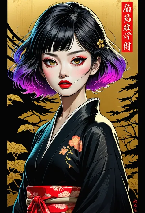 (best quality, sketch:1.2),realistic,illustrator,anime,1 girl, detailed lips, kimono,custom, black and gold gradient background,neon hair,textured cropping, masterpiece, style retro classic, noir style 、An illustration、art、70s horror movie posters, Supervi...