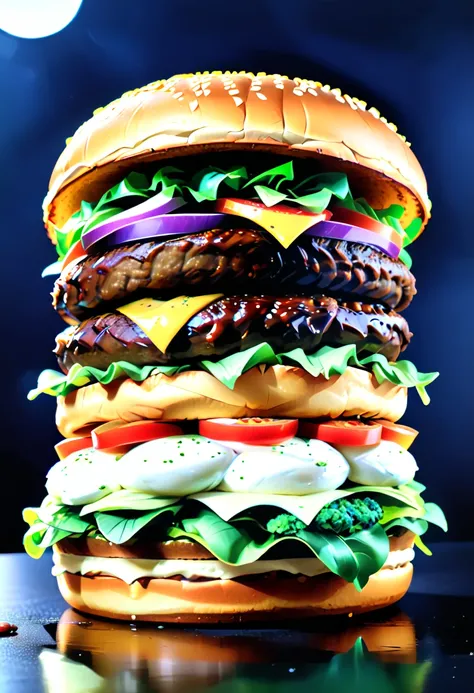 a ((low angle shot: 1.5)), from below an epic sized hamburger, you can see the hamburger from the level of the bun looking up and see the layers lettuce, tomatoes, the juicy hamburger, and the bun, juicy sauce drips from the burger, , vibrant, Ultra-high r...