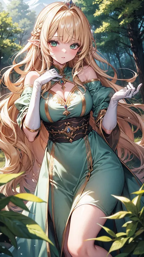 4K,High resolution,One Woman,Blonde,Long Hair,Green Eyes,Elvish,Huge ,princess,白色のprincessのドレス,princessのティアラ,Jewelry decoration,Castle in the forest、long gloves up to the elbow