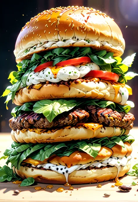 a ((low angle shot: 1.5)), from below an epic sized hamburger, you can see the hamburger from the level of the bun looking up an...