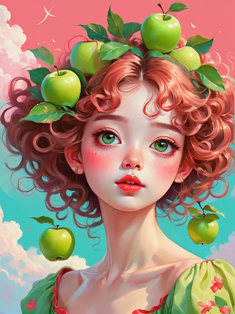 Graphic illustration，Vector illustration，((painting，painting笔触)), ((一幅painting，Draw a portrait of a young girl，Slender neck，Look up，Red face，Green apple on head，Look at the camera))，Pink clouds on turquoise sky, Girly Brown Curly Hair，of skirts，Warm color ...