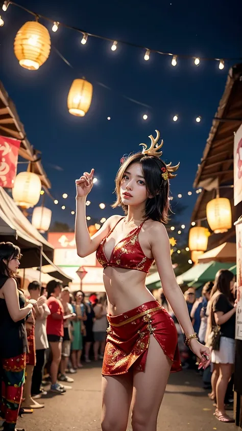 "Illustrate Neeko in her Lunar Revel skin from League of Legends by Riot Games,no having clothes, wearing a festive, lunar-themed outfit with traditional designs and glowing lanterns, have massive k-cups, in a vibrant, festival setting with lanterns, firew...