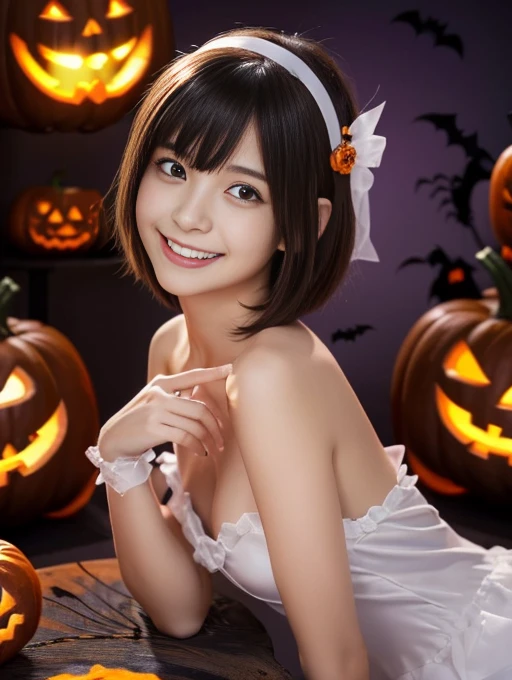 (table top,a 25 years old girl, detailed cutie face, beautiful balanced clear detailed eyes, detailed dropped eyes, ultra big smile, extremely detailed face,ultra slender body,short hair,anime style, (halloween costume):2.0), Highres fix,colorful lights, p...