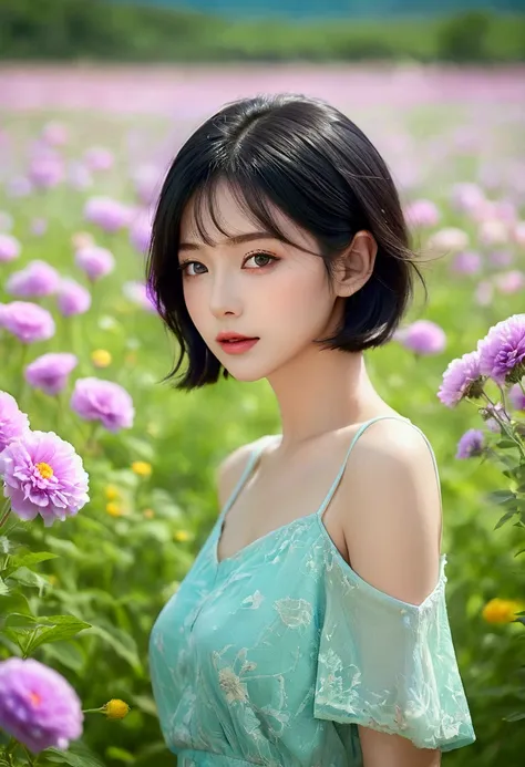 beautiful woman standing in a flower field wearing a short dress_fine details of delicate features, short black hair_delicate ex...