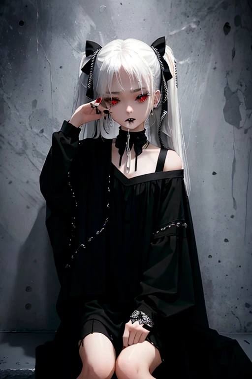 Masterpiece, best quality, high quality, ultra detailed, 1girl, looking at viewer, white hair, gray eyes, black lipstick, black shirt, sitting on a white floor, demon girl, gothcore, 1 3 - year - old, goth girl, japanese gothic, gothic punk style, black me...