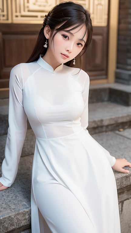 a close up of a woman in a white dress posing for a picture, a picture by Leng Mei, trending on cg society, beautiful south korean woman, ao dai, beautiful asian girl, a beautiful woman in white, korean woman, korean girl, in white clothes, beautiful young...