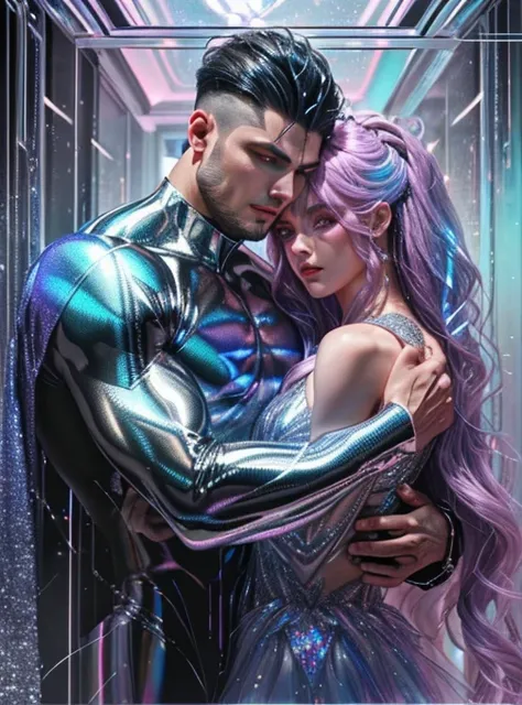 (mid_shot:1.3),(1 male:1.2),(muscle man:1.1),(frontal illumination:1.2),with a silver body and glitterati with lights above,extreme iridescent reflection,in the style of vray tracing,vibrantmanga,shiny/ glossy,rococo pastel,fluid form,tinycore,fluid impres...