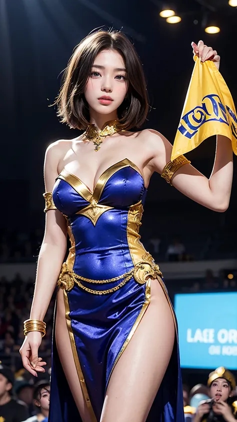 "Depict Orianna in her Victorious skin from League of Legends by Riot Games, no having clothes,wearing a regal, blue and gold outfit with ornate designs and a majestic aura, have massive k-cups, standing triumphantly in a grand arena with cheering crowds a...