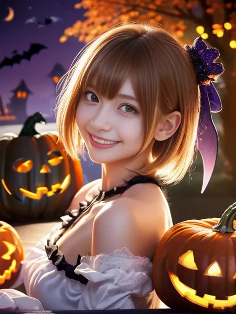 (table top,a 25 years old girl, detailed cutie face, beautiful balanced clear detailed eyes, detailed dropped eyes, ultra big smile, extremely detailed face,ultra slender body,short hair,anime style, (halloween costume):2.0), Highres fix,colorful lights, p...