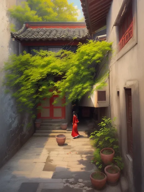 The painting shows a woman in a red dress walking down a narrow alley, author：Ye Xin, Li Song, Yu Zhiding, Inspired by Fenghua Zhong, by Zou Yigui, by Sheng Maoye, by Bian Shoumin, author：Lu Guang, Ding Guanpeng, by Zou Zhe, author：Ma Yuanyu