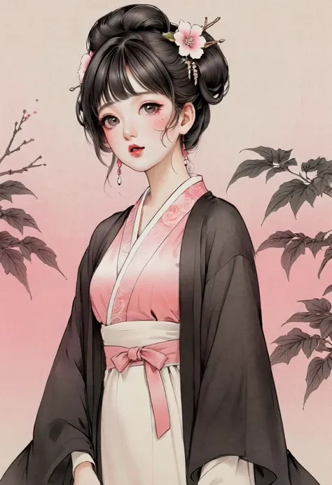 (best quality, sketch:1.2),realistic,illustrator,anime,1 girl, detailed lips, kimono,custom, white and pink gradient background, hair,textured cropping, masterpiece, style retro classic, noir style 、An illustration、art、70s horror movie posters, Supervised ...