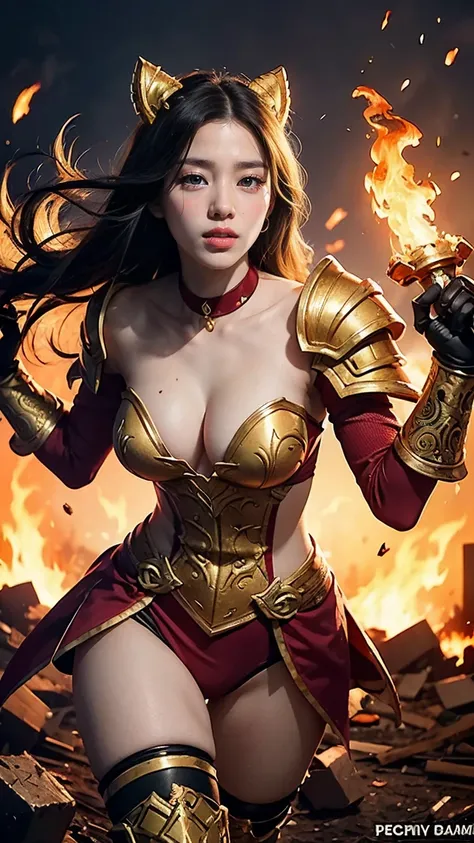 "Depict Poppy in her Scarlet Hammer skin from League of Legends by Riot Games, dressed in a vibrant, no having clothes,red and gold armor with intricate designs and her fierce hammer, have massive k-cups, in a battlefield surrounded by flames and debris."
...