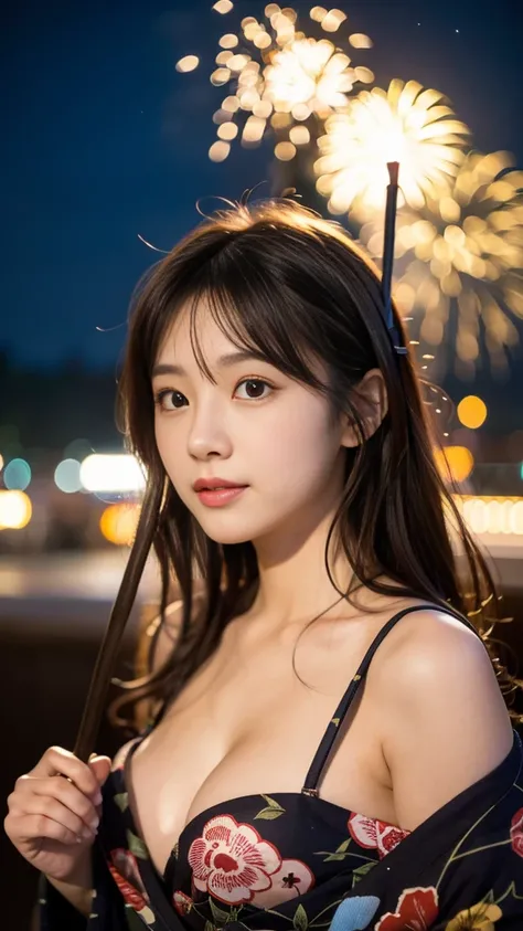 high resolution、Japanese women、Beauty、cute、Brown long hair hairstyle、Small face、Beautiful skin、Large breasts、Reality Stick、night、firework、outside、Wearing a yukata、yukat