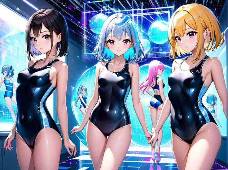 School swimsuit 3girls, cyber world, hologram,　School swimsuit, cyber world, Hologram, SF, gleaming, glamourous