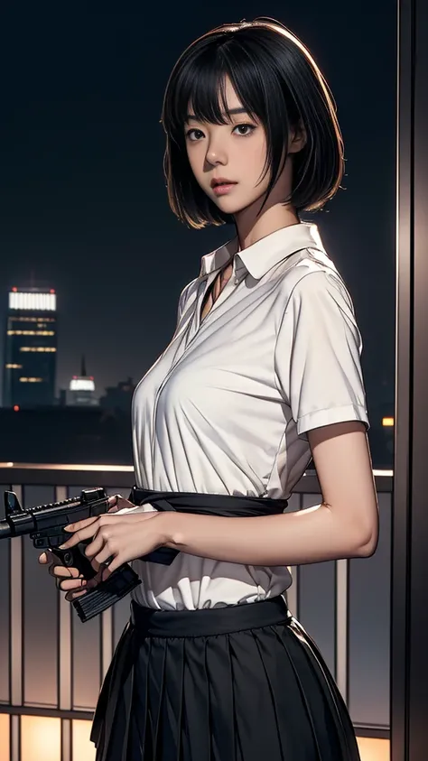 (((Woman firing an automatic rifle,excluding visual,Detailed depiction of an automatic rifle))),Synchronize your gaze and body direction、(((Perfect Anatomy、Highest quality、Ultra - High resolution、High resolution、Extremely detailed CG、8k))),Cowboy Shot,1 fe...