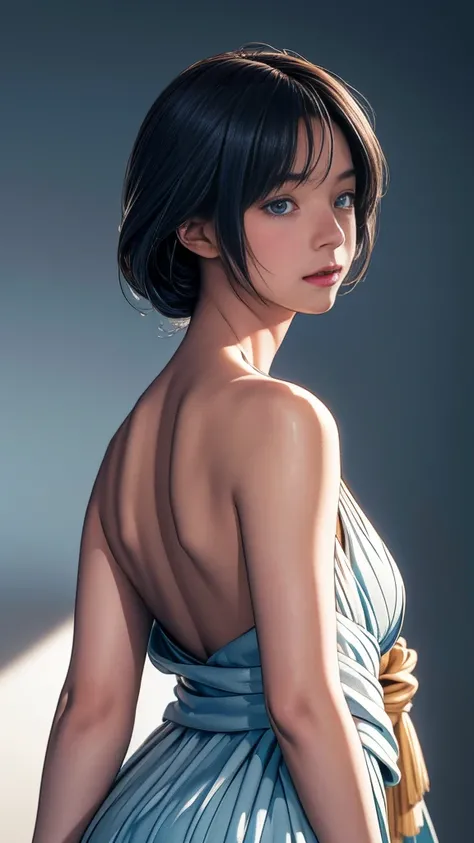 A majestic anime girl donning a stunning short kimono, her bare arms, back, and shoulders glistening in the soft light. Long, flowing light blue hair cascades down her back as she walks with confidence, her piercing blue eyes locked onto the viewers gaze. ...