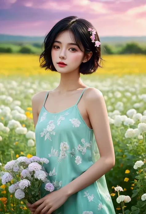 beautiful woman standing in a flower field wearing a short dress_fine details of delicate features, short black hair_delicate ex...