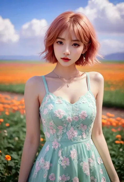 beautiful woman standing in a flower field wearing a short dress_fine details of delicate features, orange blonde short hair_del...