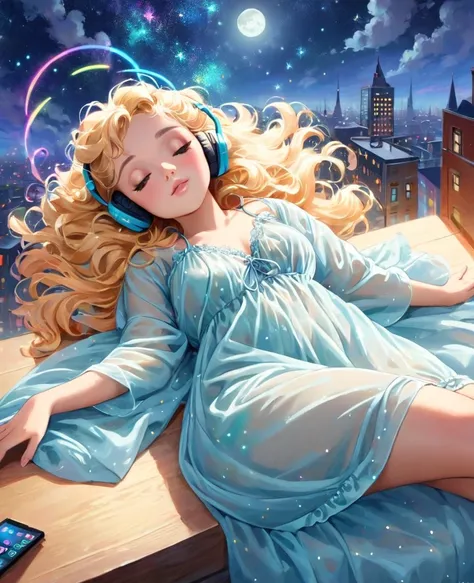 a gil elvgren pin-up style painting of a beautiful blonde woman with big messy hair,  floating on a cloud gracefully laying on t...