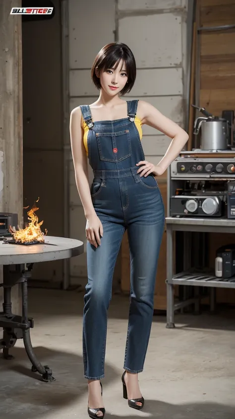 masterpiece, high quality, Very detailed, figure, Pretty girl, Shiny, Reflexive, jeans, G-cup breasts、smile、short hair、Yellow Overalls, body, work shoes, industrial use, High heels, black, red, Silver, metallic, gloves, , Device, mechanical, tools, spark, ...