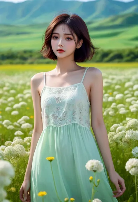 beautiful woman standing in a flower field wearing an ivory short dress_fine details of delicate features, short hair as dark as...