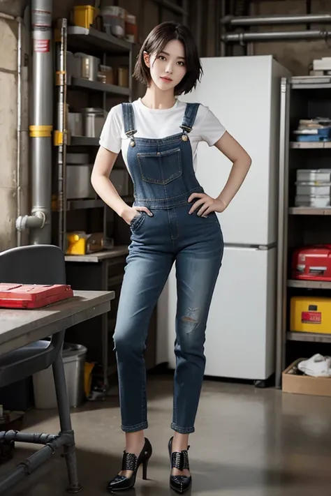 masterpiece, high quality, Very detailed, figure, Pretty girl, Shiny, Reflexive, jeans, G-cup breasts、smile、short hair、Yellow Overalls, body, work shoes, industrial use, High heels, black, red, Silver, metallic, gloves, , Device, mechanical, tools, spark, ...