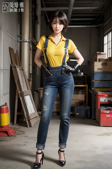 masterpiece, high quality, Very detailed, figure, Pretty girl, Shiny, Reflexive, jeans, G-cup breasts、smile、short hair、Yellow Overalls, body, work shoes, industrial use, High heels, black, red, Silver, metallic, gloves, , Device, mechanical, tools, spark, ...