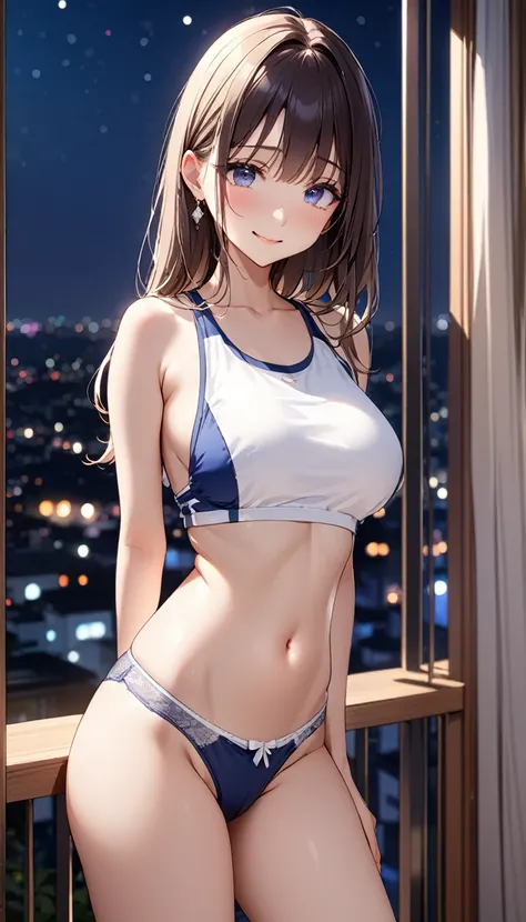 高いquality illustration, masterpiece, Very delicate and beautiful, Attractive girl,(White gym clothes、Navy blue underwear),thin,Slender body,slim、Looking down on the night view from a high-rise apartment,Veranda Background,Princess, Beautiful Eyes,smile、Emb...