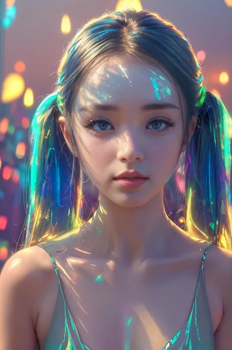 (Holographic Art:1.2)、masterpiece、Highest quality、whole body、One Girl (((Glass-like translucent and reflective dress))) 、Neon color background、Halation，Surreal、High resolution、detailed、Sharp Focus、Delicate facial features、Perfect Eyes、Sharp pupils、Written ...