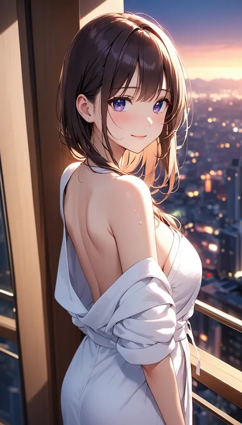 高いquality illustration, masterpiece, Very delicate and beautiful, Attractive girl,(White bathrobe),thin,Slender body,slim、Looking down on the night view from a high-rise apartment,Veranda Background,Princess, Beautiful Eyes,smile、Embarrassing、blush、(master...