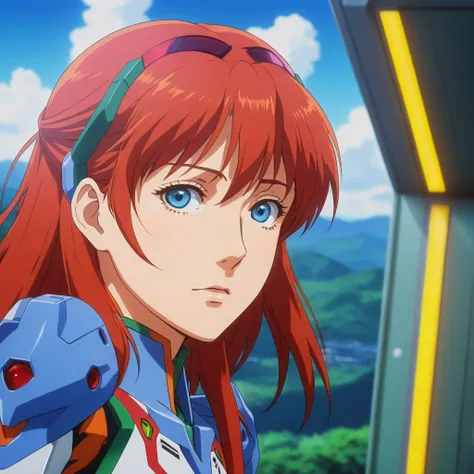 anime girl with red hair and blue eyes looking at something, beautiful asuka from evangelion, asuka langley sohryu, asuka from evangelion, asuka langley souryuu, asuka langley, asuka langley soryu, gainax anime style, movie still of robot evangelion, asuka...