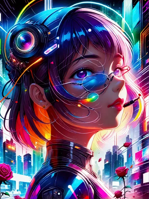 (((whole body)))，(Wide-angle lens:1.8)，(panoramic:1.8)，(((8k，Bright colors，Bright，Ultra high saturation，RGB color)))girl，Y2K style，Collage art，Cyberpunk Background，Celluloid Shadow，Soda，blue，Purple，whole，Bionic rose with clear details, Cyber Scent