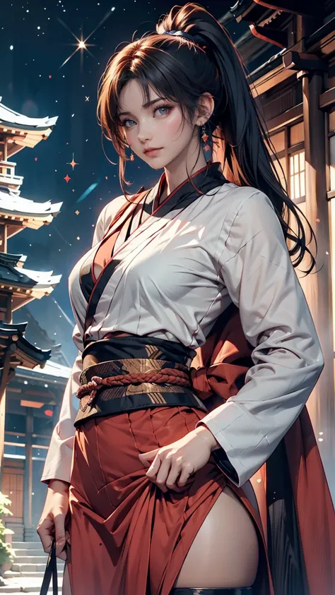 「Mito Komon」、Kagerou Ogin、Kunoichi(Female Ninja)、Black Hair、ponytail、Ninja Costume、Exposed thighs、Sexy proportions、Sexy、Narrow waist、mature female body、Sandals、Place hands on hips、Carrying a sword on your back、Japanese castle background、night、Starry Sky、Ha...