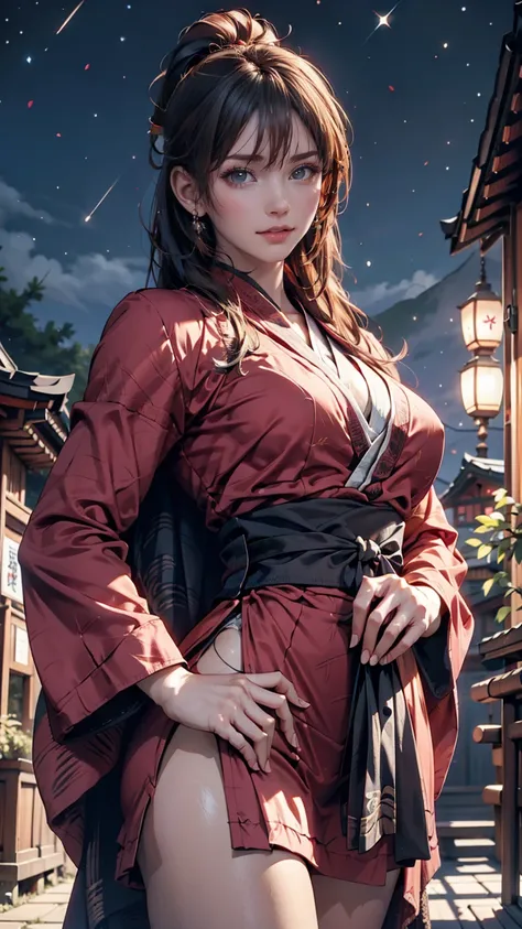 「Mito Komon」、Kagerou Ogin、Kunoichi(Female Ninja)、Black Hair、ponytail、Ninja Costume、Exposed thighs、Sexy proportions、Sexy、Narrow waist、mature female body、Sandals、Place hands on hips、Carrying a sword on your back、Japanese castle background、night、Starry Sky、Ha...