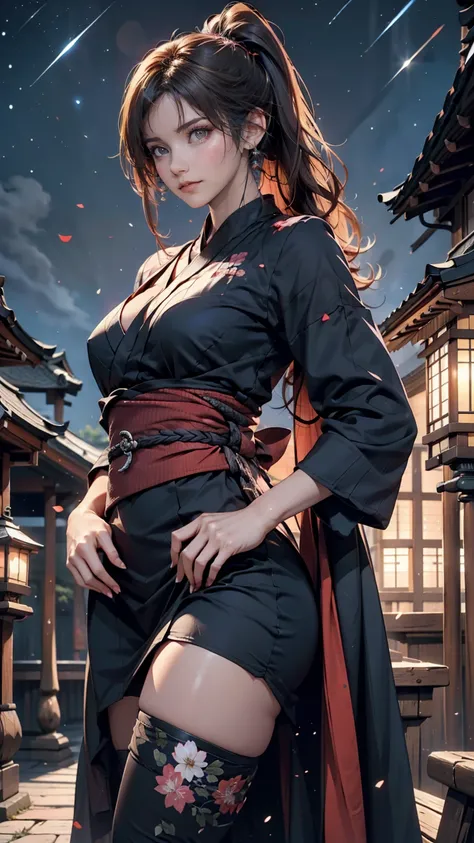 「Mito Komon」、Kagerou Ogin、Kunoichi(Female Ninja)、Black Hair、ponytail、Ninja Costume、Exposed thighs、Sexy proportions、Sexy、Narrow waist、mature female body、Sandals、Place hands on hips、Carrying a sword on your back、Japanese castle background、night、Starry Sky、Ha...